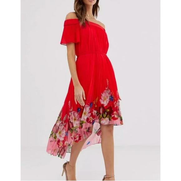 Ted Baker Red Off Shoulder Midi Dress Floral Flowy High Low Holiday Valentines - Picture 1 of 14